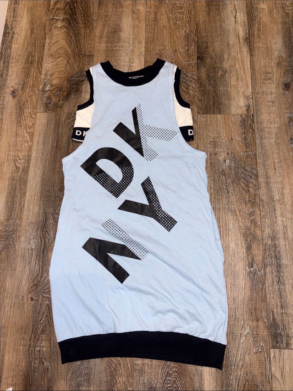 DKNY Light Blue Tank Dress with Black Logo Trim